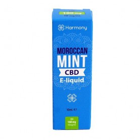 CBD e-liquid Harmony marocká mäta v modrej krabičke na bielom pozadí