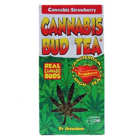 CBD konopný čaj Cannabis bud tea jahoda na bielom pozadí
