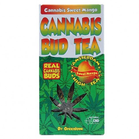 Konopný čaj Cannabis Bud Tea ("Amsterdam high tea") s obsahom prírodného CBD na bielom pozadí