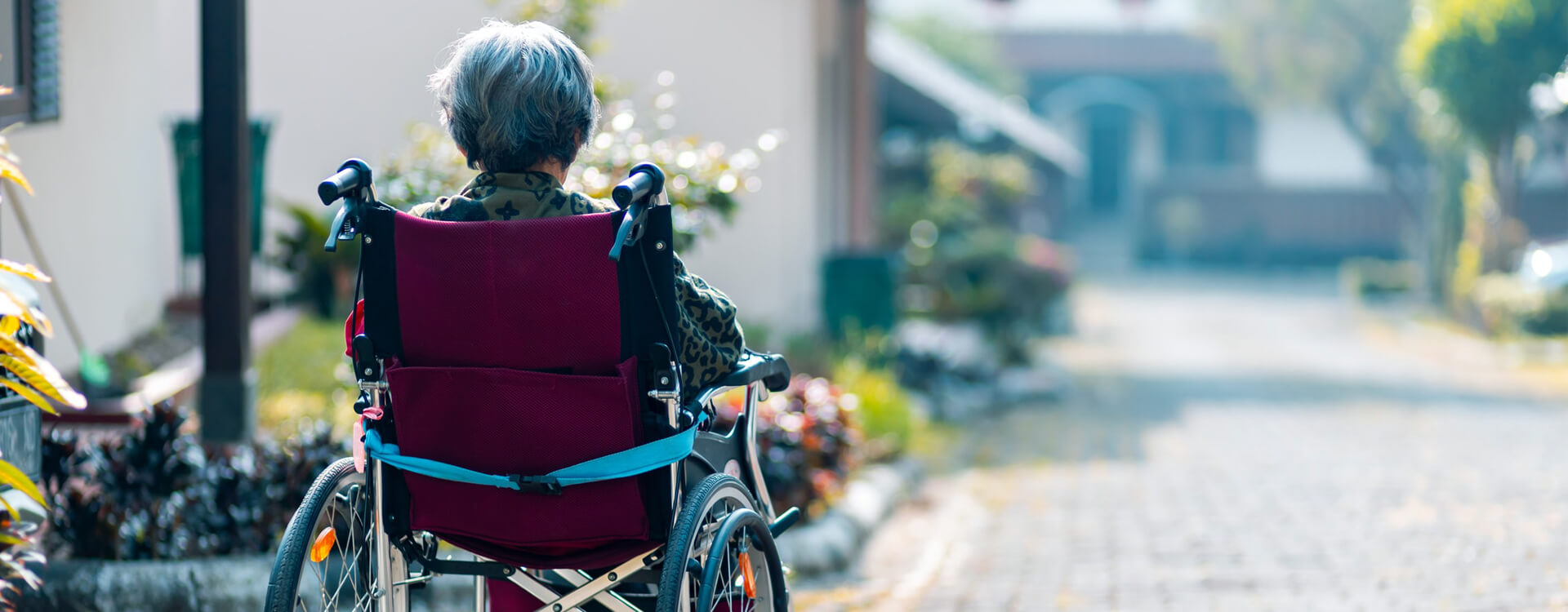 Ilustračný obrázok Alzheimerova choroba: staršia pani sedí v kolečkovom kresle a pozoruje ulicu, pohľad zozadu
